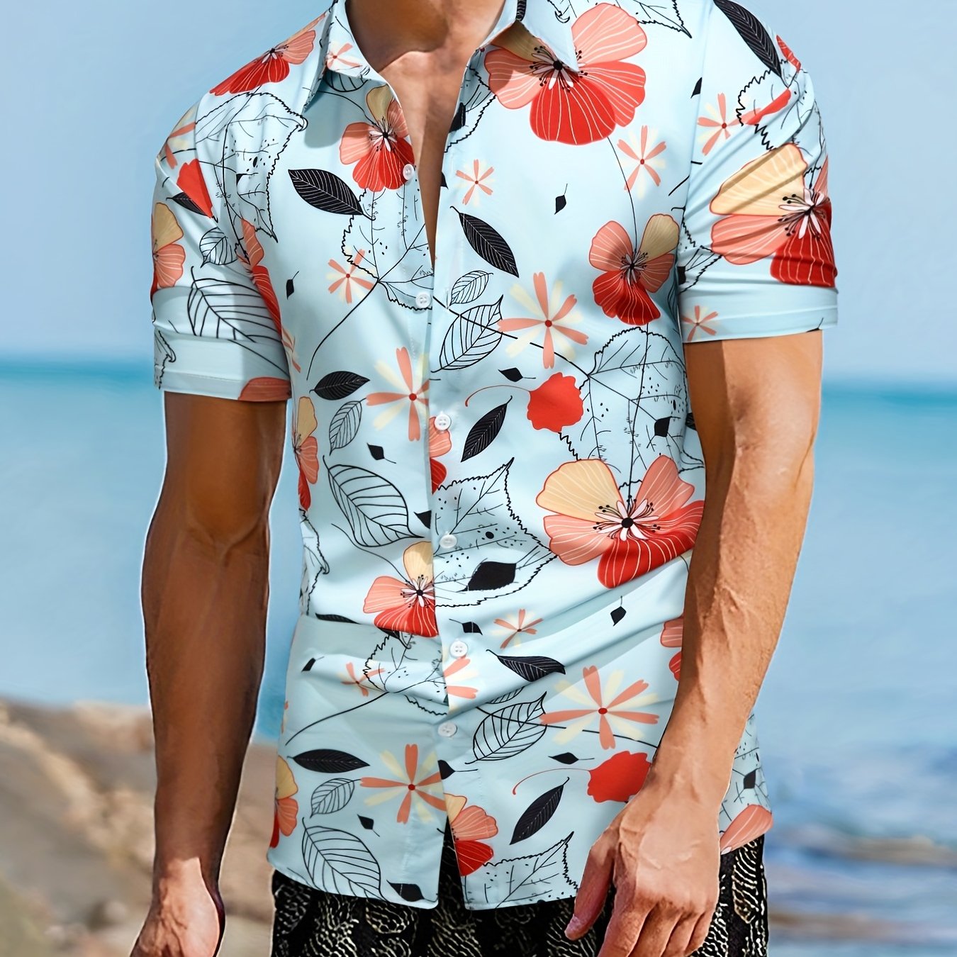 Men's Floral & Leaf Print Camp Collar Bowling Shirt