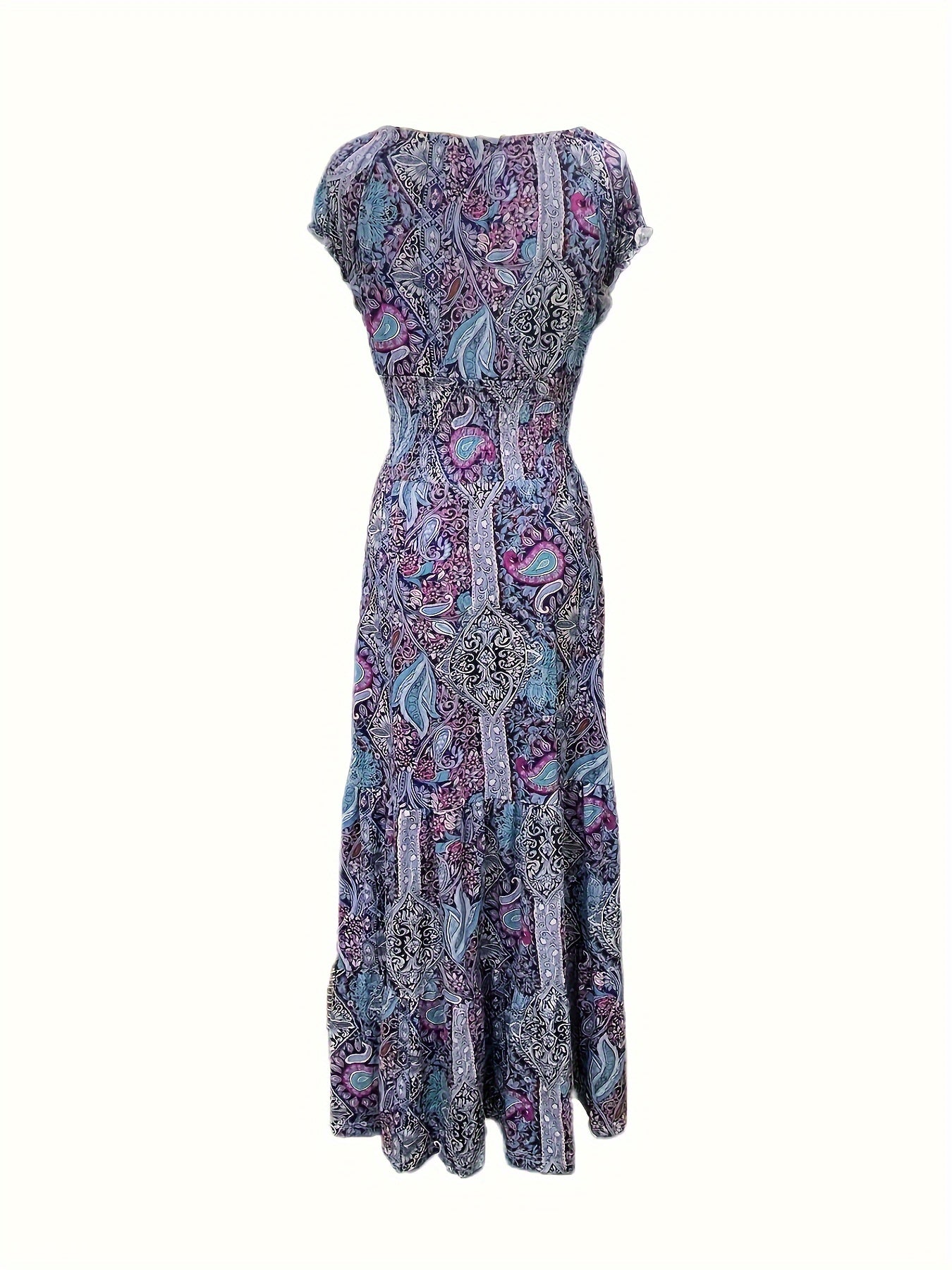 Boho Dress Women's Plus Floral Print Cap Sleeve V Neck Maxi Dress