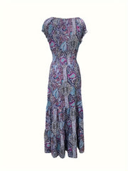 Boho Dress Women's Plus Floral Print Cap Sleeve V Neck Maxi Dress