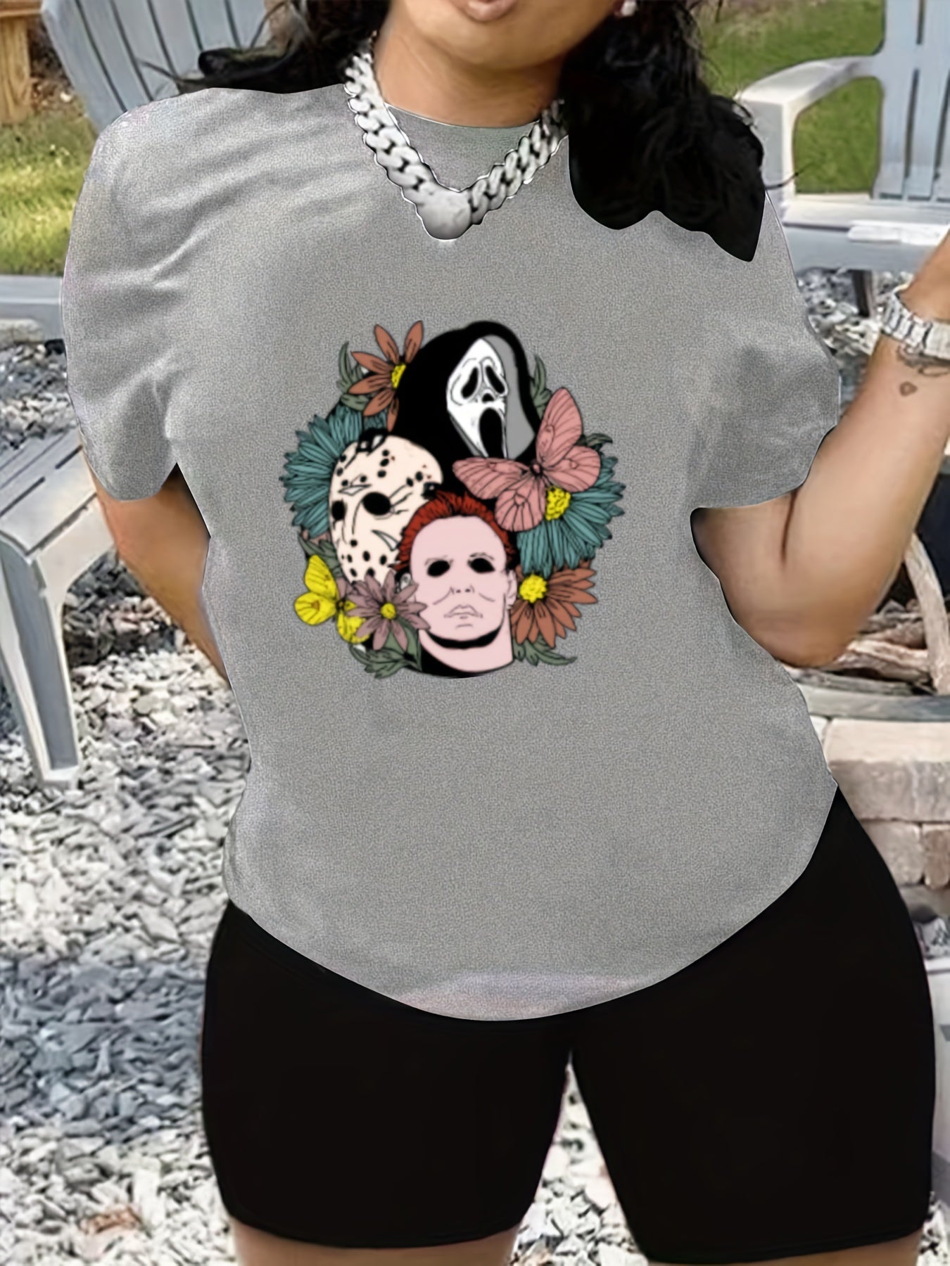 Flower Print Tee & Biker Shorts Set Women's Casual Outfit