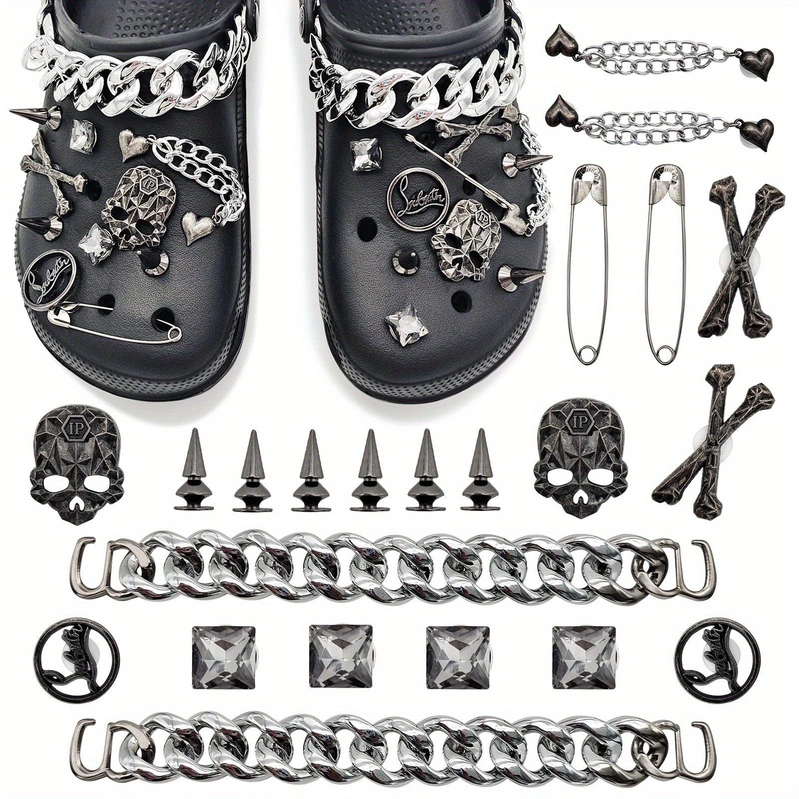 22pcs Punk Metal Rivets Shoe Charms with Chain - Pointed Toe Charms Accessories