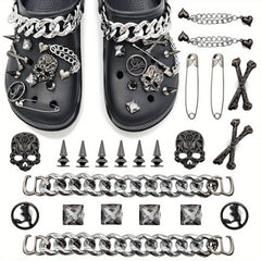 22pcs Punk Metal Rivets Shoe Charms with Chain - Pointed Toe Charms Accessories