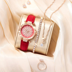 Red Rhinestone Quartz Watch & Red Butterfly Jewelry Set