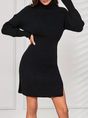 Solid Turtleneck Split Long Sleeve Dress