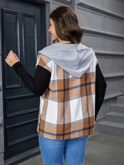 Colorblock Plaid Print Hooded Vest Coat