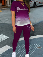 Plus Size 2 Piece Set Ombre & Letter Print Top & Pants Outfit