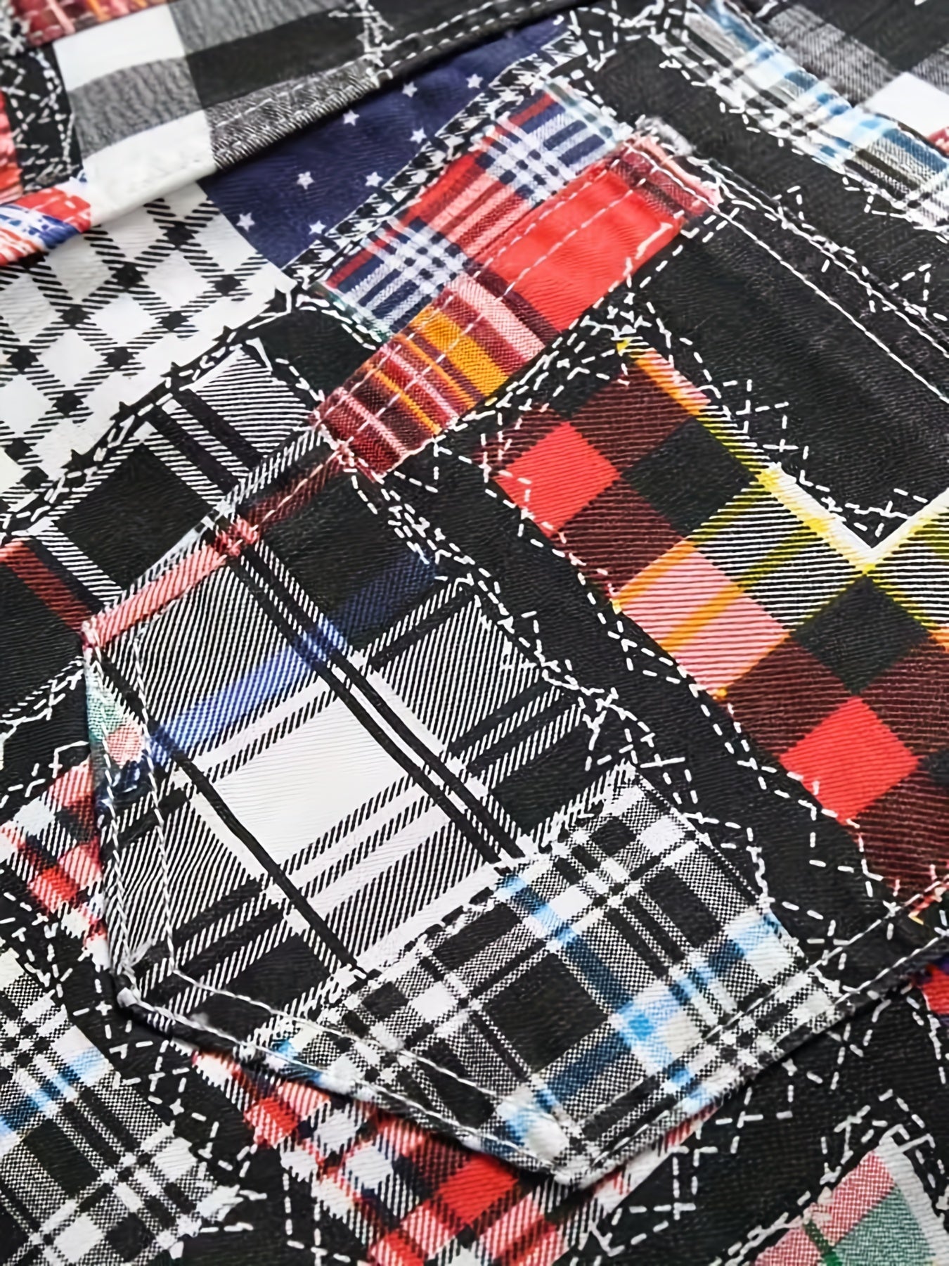Plaid Pattern Ripped Denim Shorts Men's Street Style Slim Fit Distressed Shorts