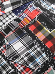 Plaid Pattern Ripped Denim Shorts Men's Street Style Slim Fit Distressed Shorts