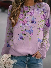 Butterfly Print Sweatshirt Crew Neck Long Sleeve Women's Clothing