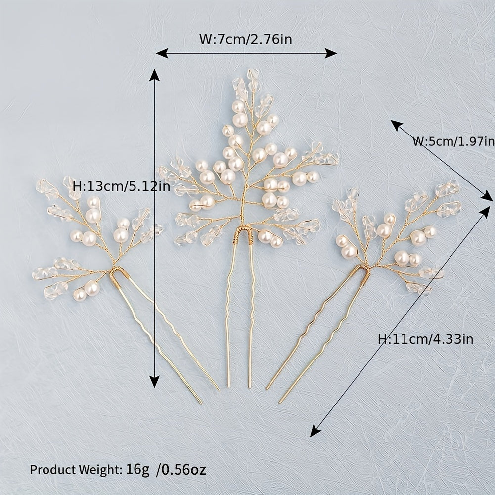 3pcs Faux Pearl Decor Braided Hair Pin Bridal Wedding Hair Accessory