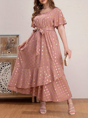 Women's Plus Golden Dot Print Maxi Dress with Belt