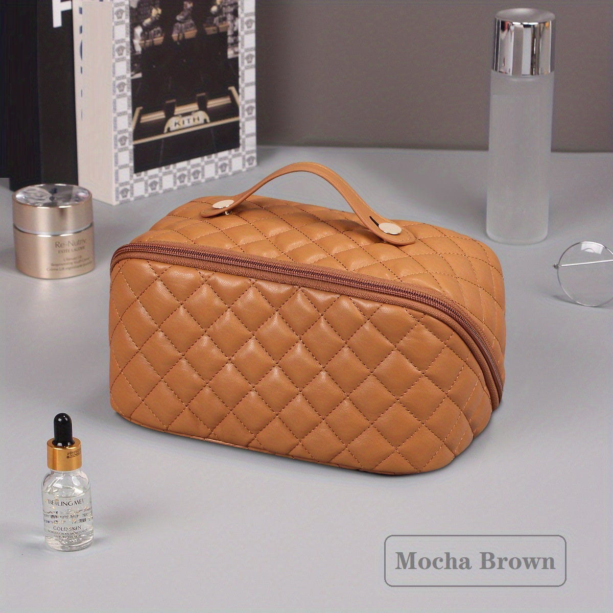 Large Capacity Waterproof PU Leather Cosmetic Bag with Divider and Handle