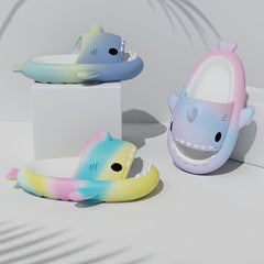 Ombre Cartoon Shark House Slippers Women's Open Toe Platform Home Slides