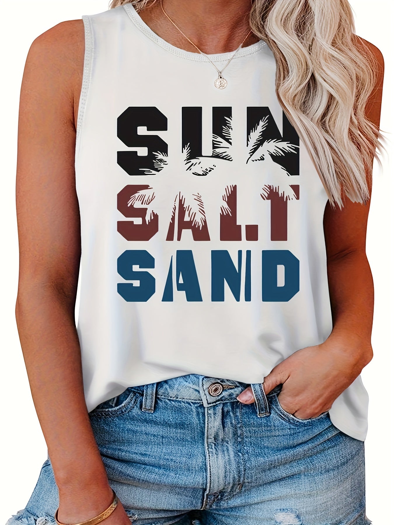 Casual Tank Top Women's Plus Art Letter & Coconut Tree Print Round Neck Tank Top