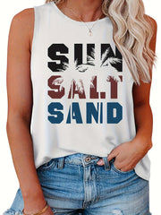 Casual Tank Top Women's Plus Art Letter & Coconut Tree Print Round Neck Tank Top