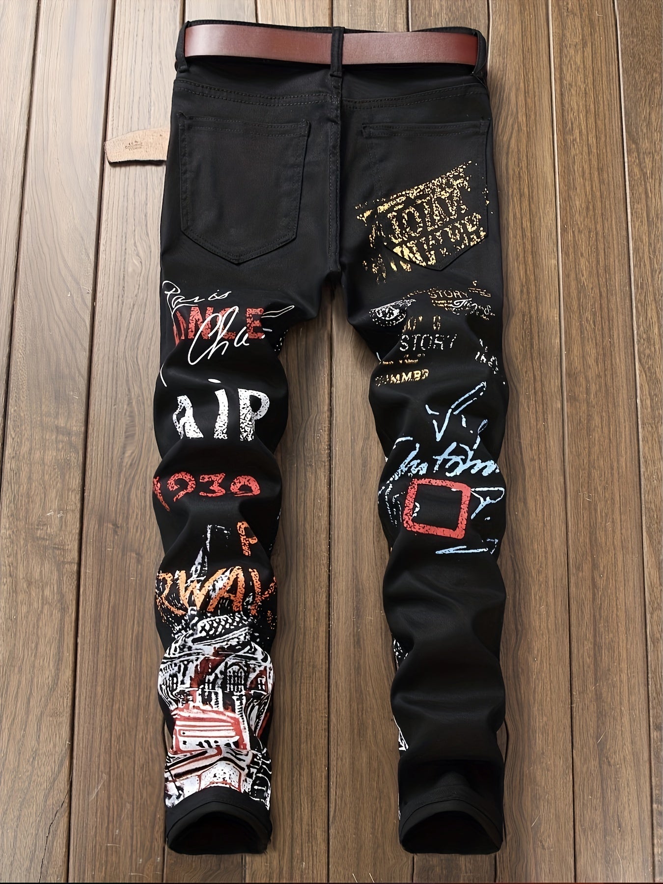 Graffiti Pattern Slim Fit Jeans Mens Casual Slightly Stretch Denim Pants