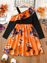 Cartoon Pumpkin Print One Shoulder Halloween Dress