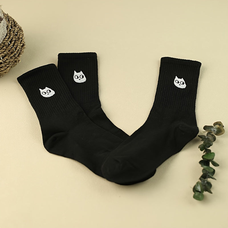 3 Pairs Cartoon Cat Print Socks Comfy & Mid Tube Socks Women's Stockings