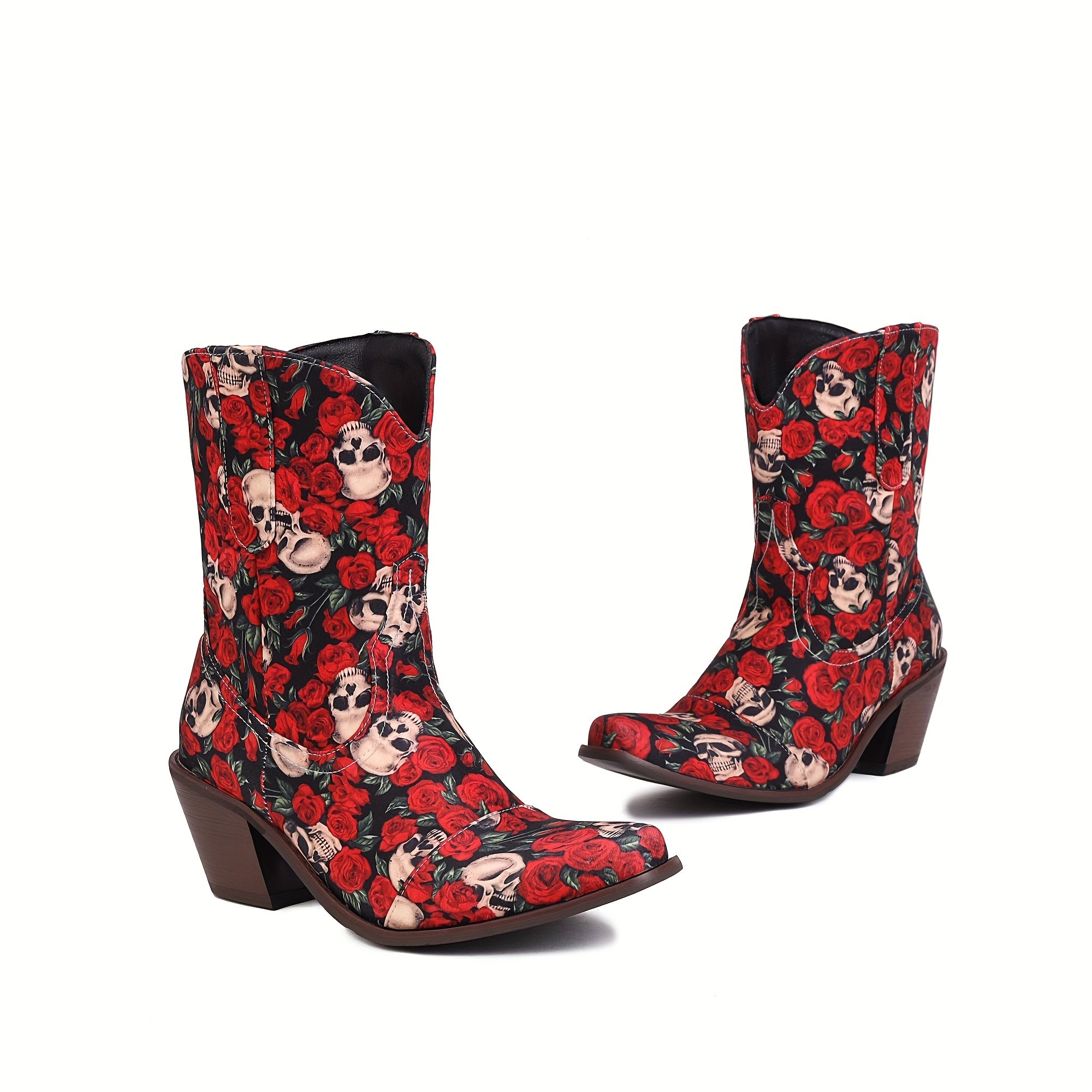 Women's Rose & Skull Print Cowgirl Boots Chunky Heel Slip On Western Boots