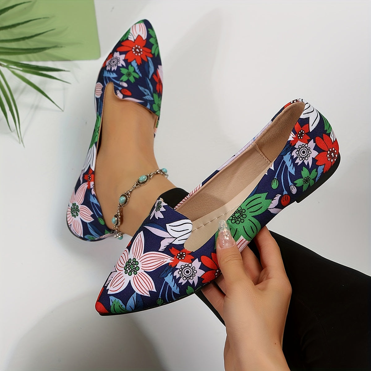 Floral Print Flat Shoes Pointed Toe Slip On Comfy Flats