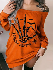Women's Skull & Spider Print Off Shoulder Long SL Dress