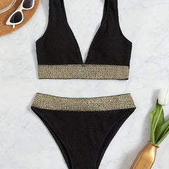 V Neck Striped Band Bikini Set High Cut Swimsuit