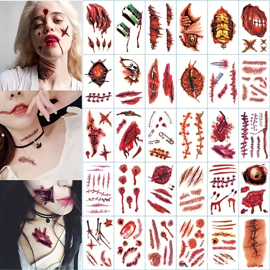 30 Sheets Realistic Wound Injury Tattoo Stickers for Halloween Costume