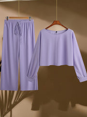 Solid Lantern Sleeve Top & Drawstring Pants Set