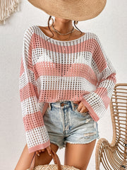 Pink Knitted Long Sleeve Beach Cover Up Top