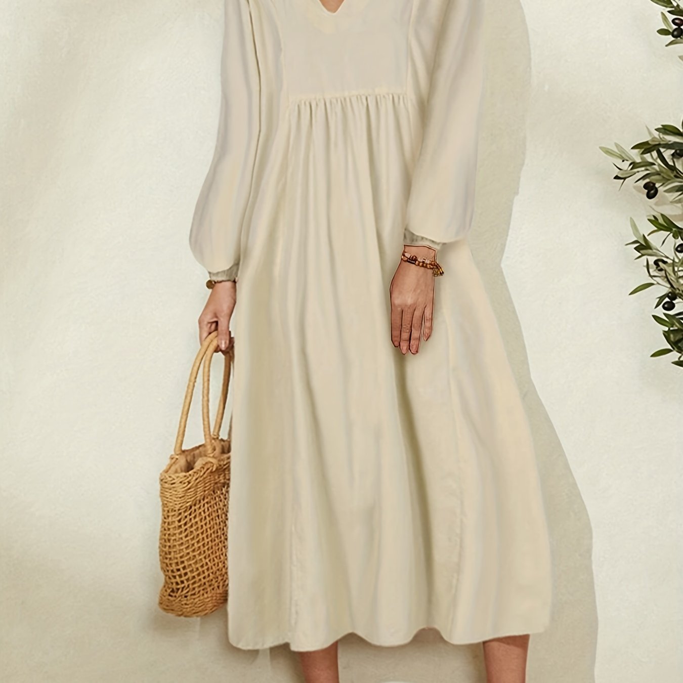 Solid Long Sleeve V-Neck Dress