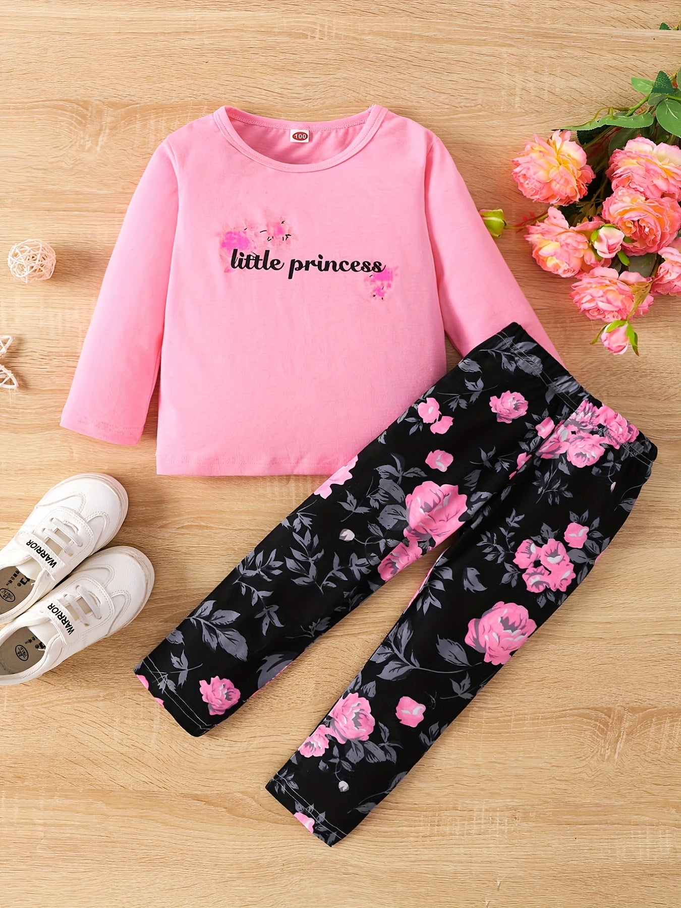 Floral Pattern 2pcs Set Long Sleeve Top & Leggings LITTLE PRINCESS Print