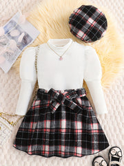 Girl's 3pcs Ribbed Top & Hat & Skirt Set Plaid Pattern Casual