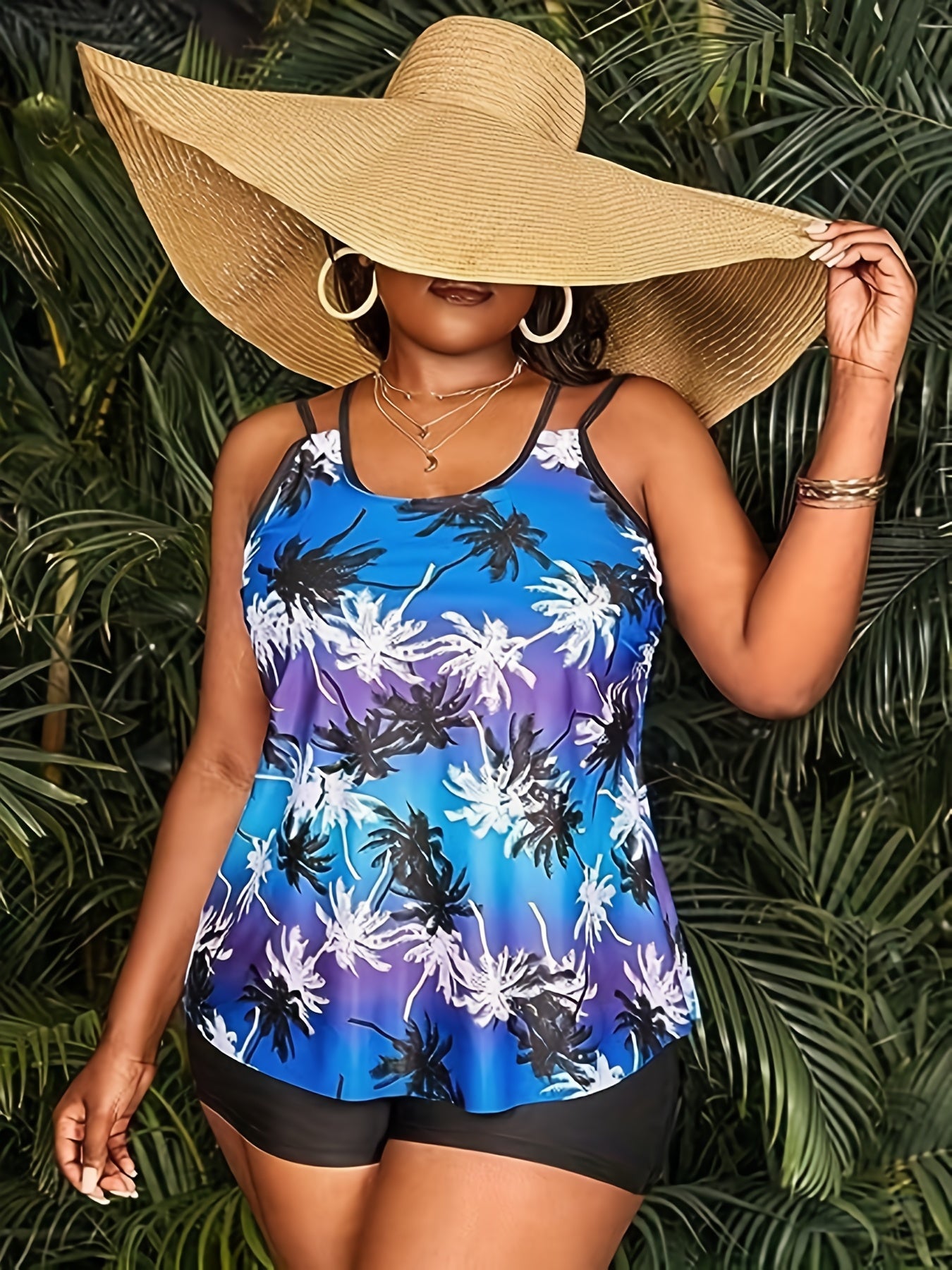 Vacay Tankini Set Tie Dye & Coconut Tree Print Cami Top & Shorts Swims