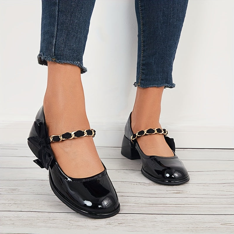 Women's Bowknot Mary Jane Chain Strap Round Toe Chunky Low Heels
