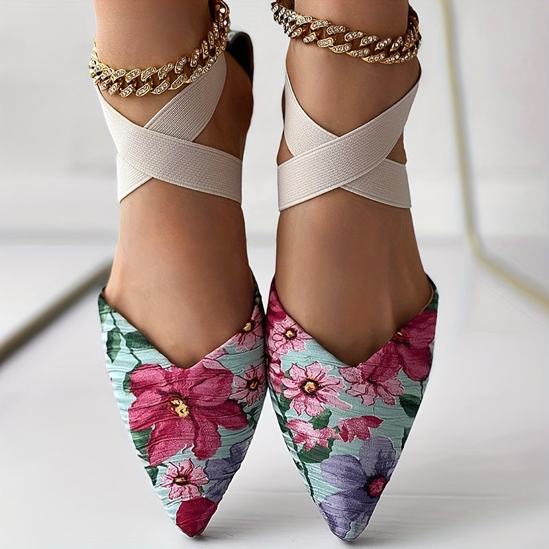 Floral Criss Cross Straps Sandals - Point Toe Flat Shoes