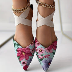 Floral Criss Cross Straps Sandals - Point Toe Flat Shoes