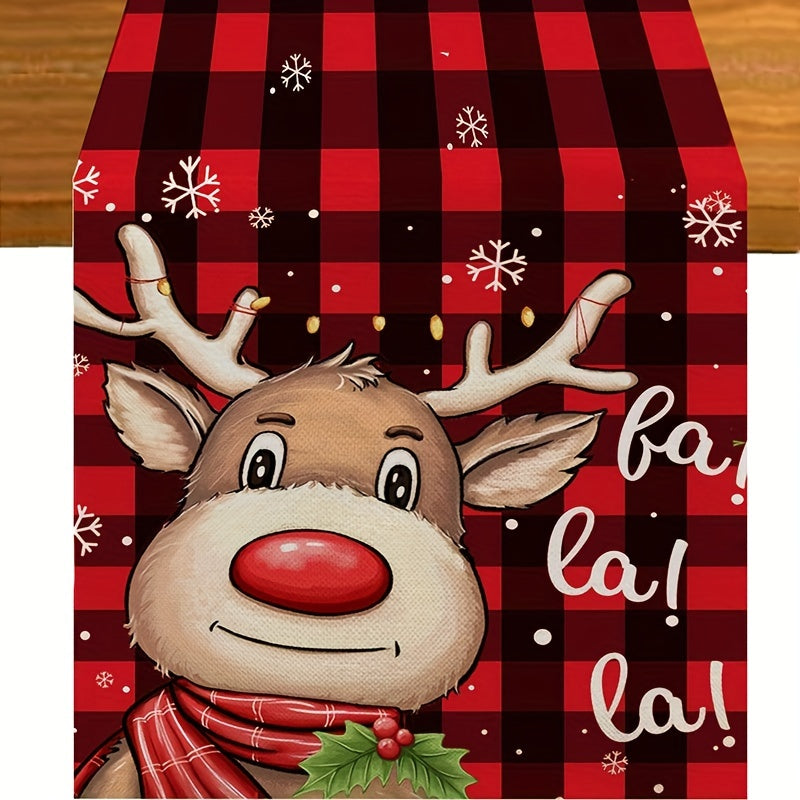 Merry Christmas Linen Table Runner Red Plaid Pattern Holiday Decoration