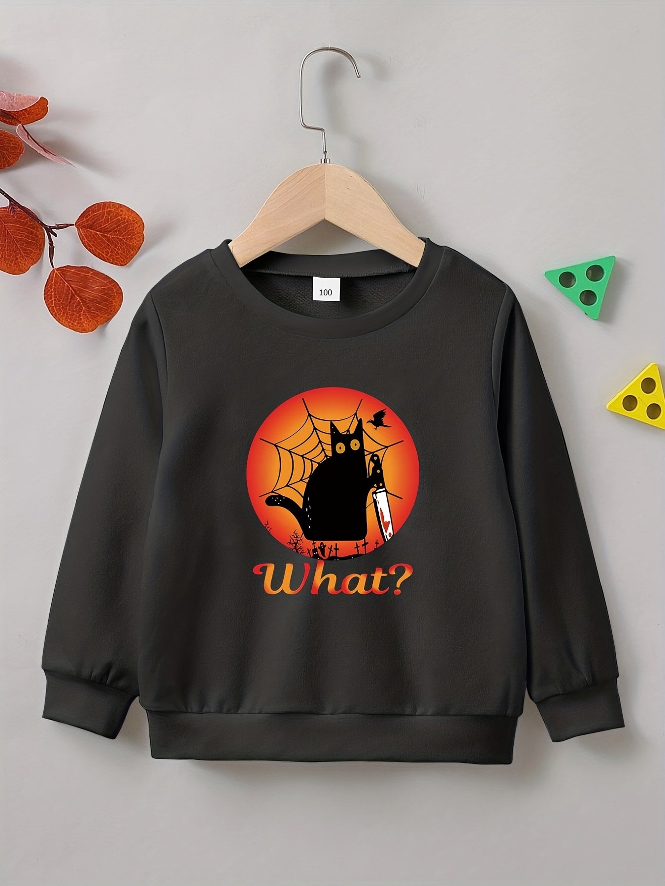 Halloween Cat Print Boys Sweatshirt Long Sleeve Crew Neck Tops Kids Clothing