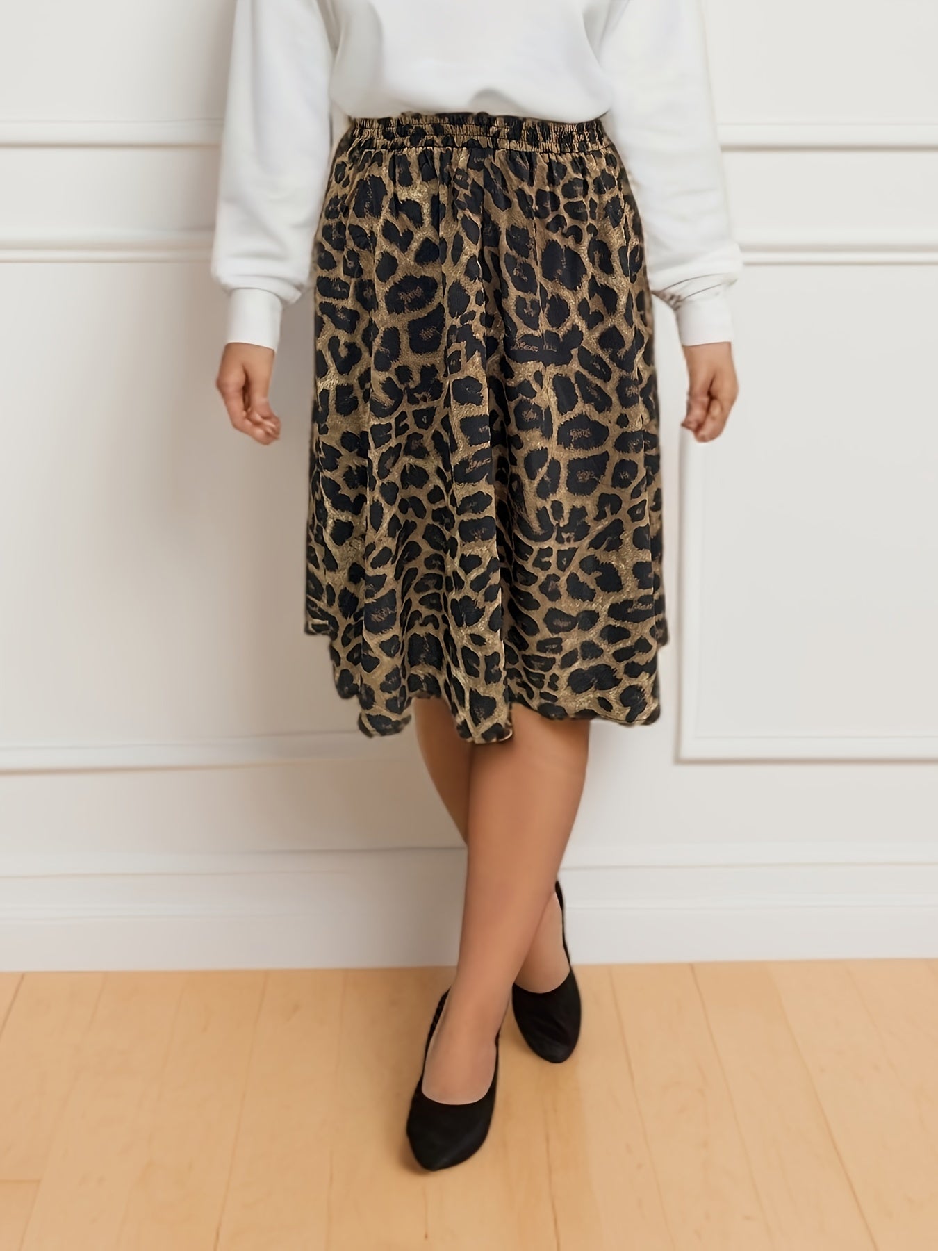 Leopard Print Plus Size Casual Elastic Midi Skirt