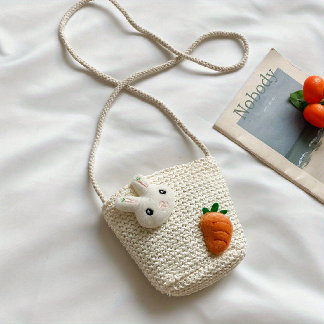 Kids Cartoon Straw Crossbody Bag with Zipper Coin Purse