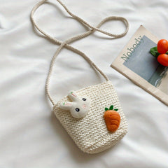 Kids Cartoon Straw Crossbody Bag with Zipper Coin Purse