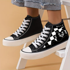 Cartoon Cat & Plaid Canvas High Top Shoes for Women