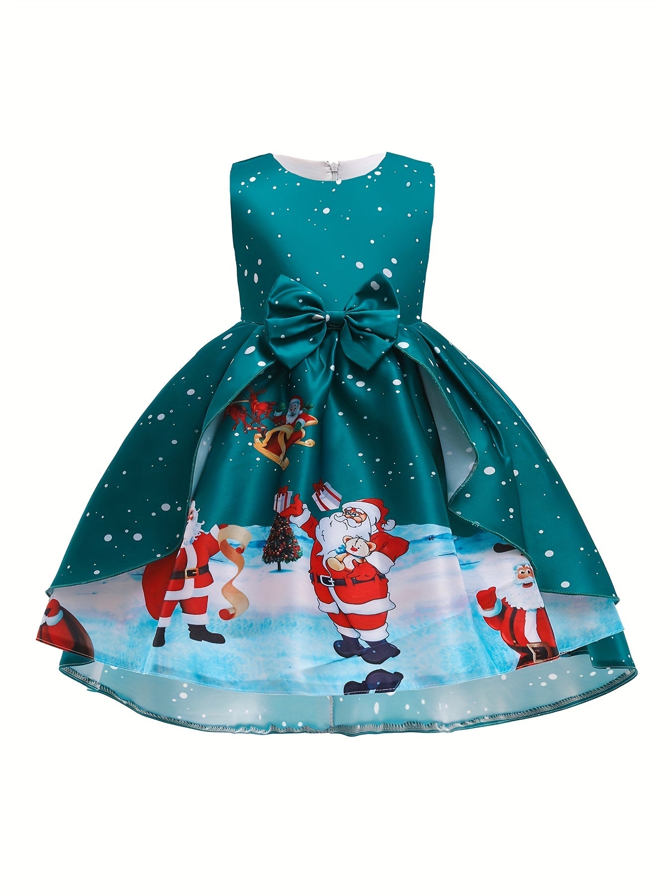 Girl's Christmas Princess Dress with Santa Print - Holiday Party Dress