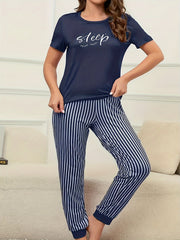 Eyelash Letter Print Tee & Striped Joggers 2 Piece Lounge Set