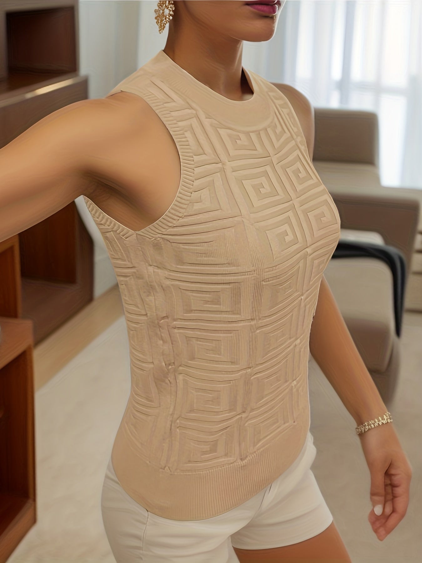 Geometric Pattern Knitted Crew Neck Tank Top Y2K Sleeveless Tank Top