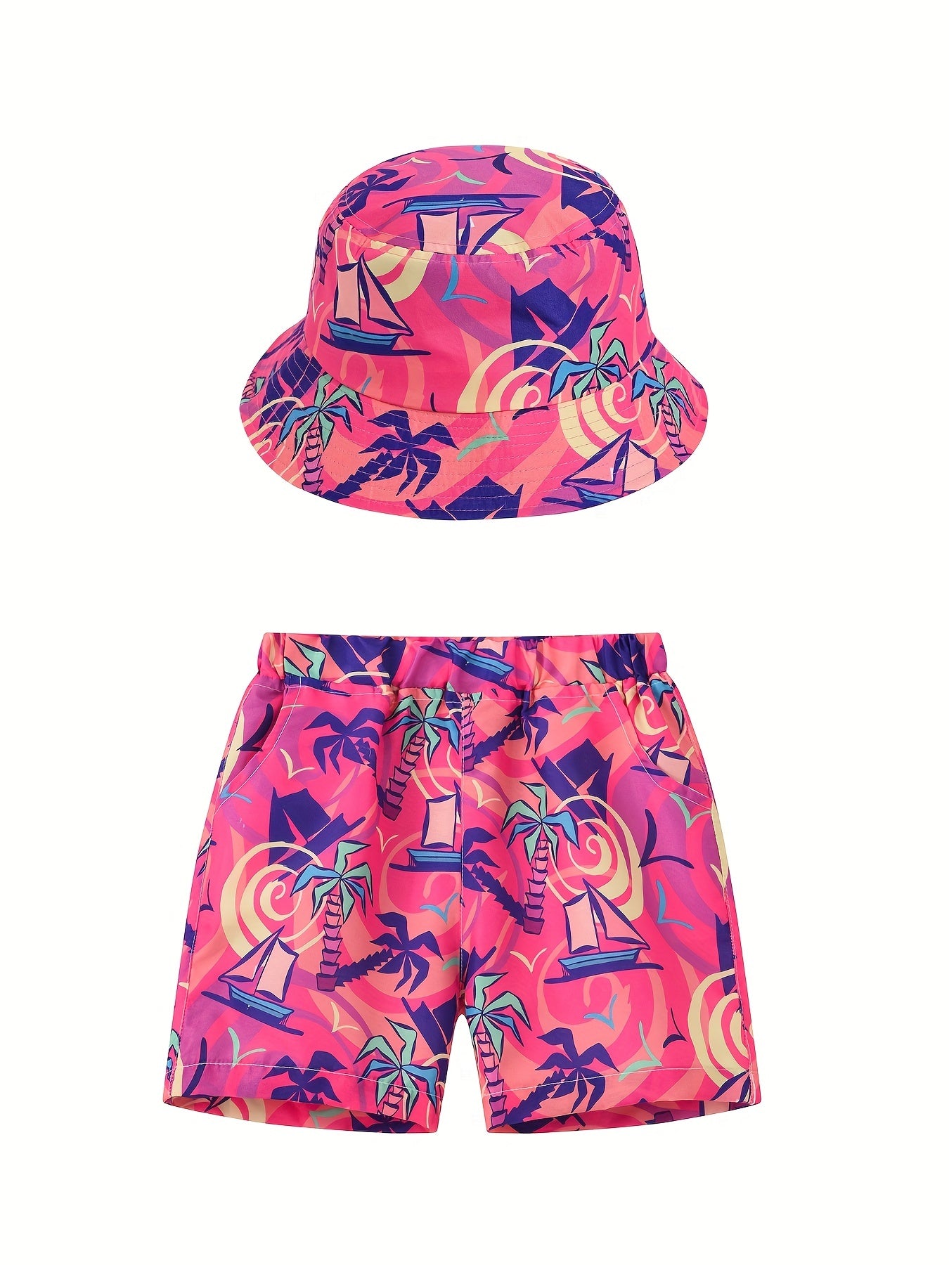 2 Pcs Hawaiian Print Shorts & Hat Set for Girls