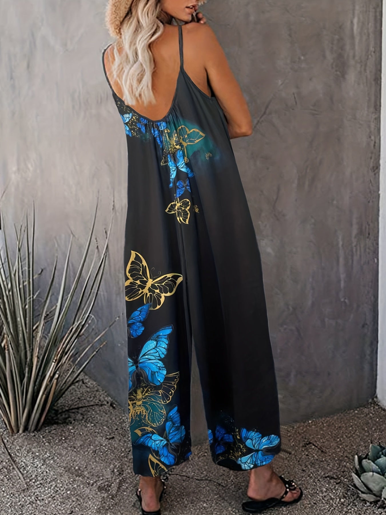 Butterfly Print Wide Leg Jumpsuit Casual V Neck Sleeveless Jumpsuit