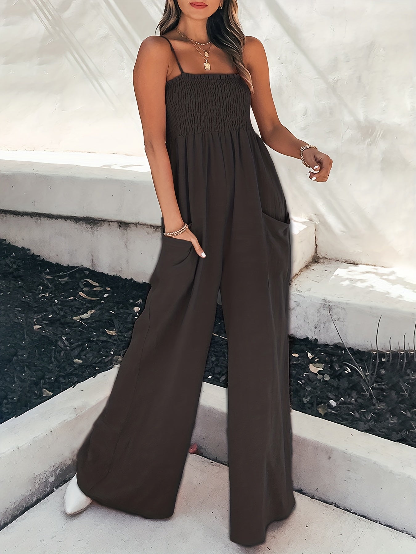 Wide Leg Sleeveless Jumpsuit Solid Shirred Spaghetti