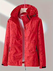 Leaf Print Outdoor Jacket With Removable Hood Women's Windproof