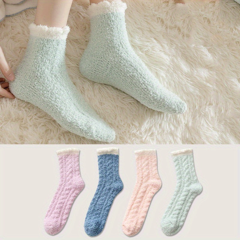 4 Pairs Fuzzy Floor Socks, Comfy & Warm Mid Tube Socks, Women's Stockings